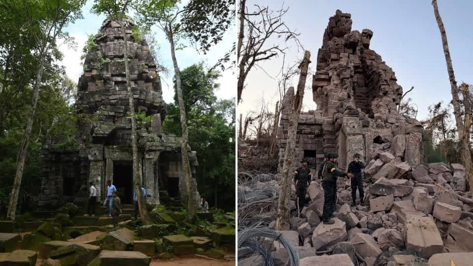 ប្រសាទតាក្របី មុន និងក្រោយពេលយោធាថៃបាញ់ផ្លោង ទម្លាក់គ្រាប់បំផ្លាញ