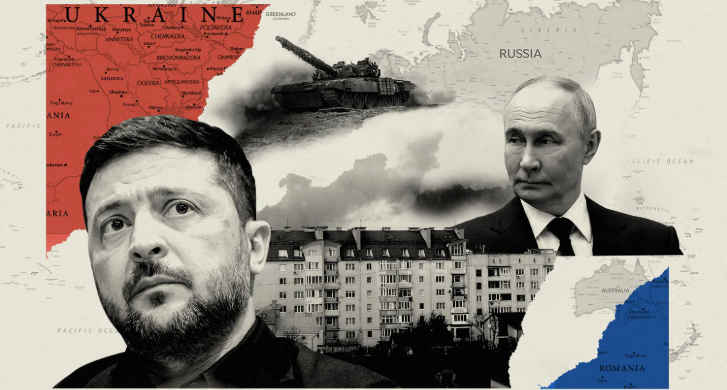 រូបបង្ហាញពីប្រធានាធិបតីអ៊ុយក្រែន លោក វ៉ូឡូឌីមៀ ហ្សេឡេនស្គី និងប្រធានាធិបតីរុស្ស៊ី លោក វ្ល៉ាឌីមៀ ពូទីន និងរូបបង្ហាញពីសង្គ្រាមរវាងប្រទេសទាំងពីរ។&nbsp;