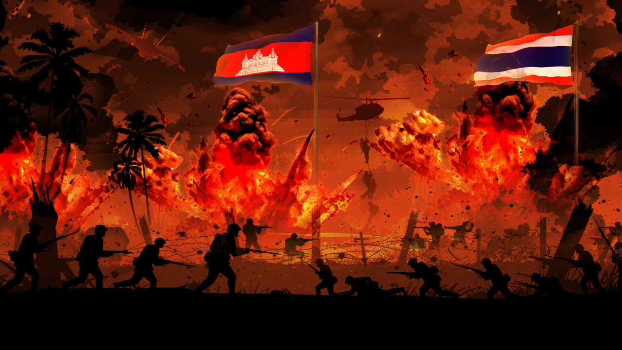 រូបតំណាងអំពីកងទ័ពកម្ពុជាតដៃដើម្បីការពារទឹកដី​ ពីការឈ្លានពានរបស់កងទ័ពថៃ។