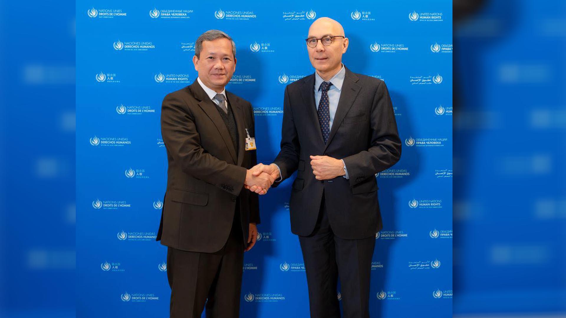 សម្តេចនាយករដ្ឋមន្ត្រីកម្ពុជា និង លោក វ៉ុលកឺ ថឺក(Volker Türk) ឧត្តមស្នងការសហប្រជាជាតិទទួលបន្ទុកសិទ្ធិមនុស្ស។