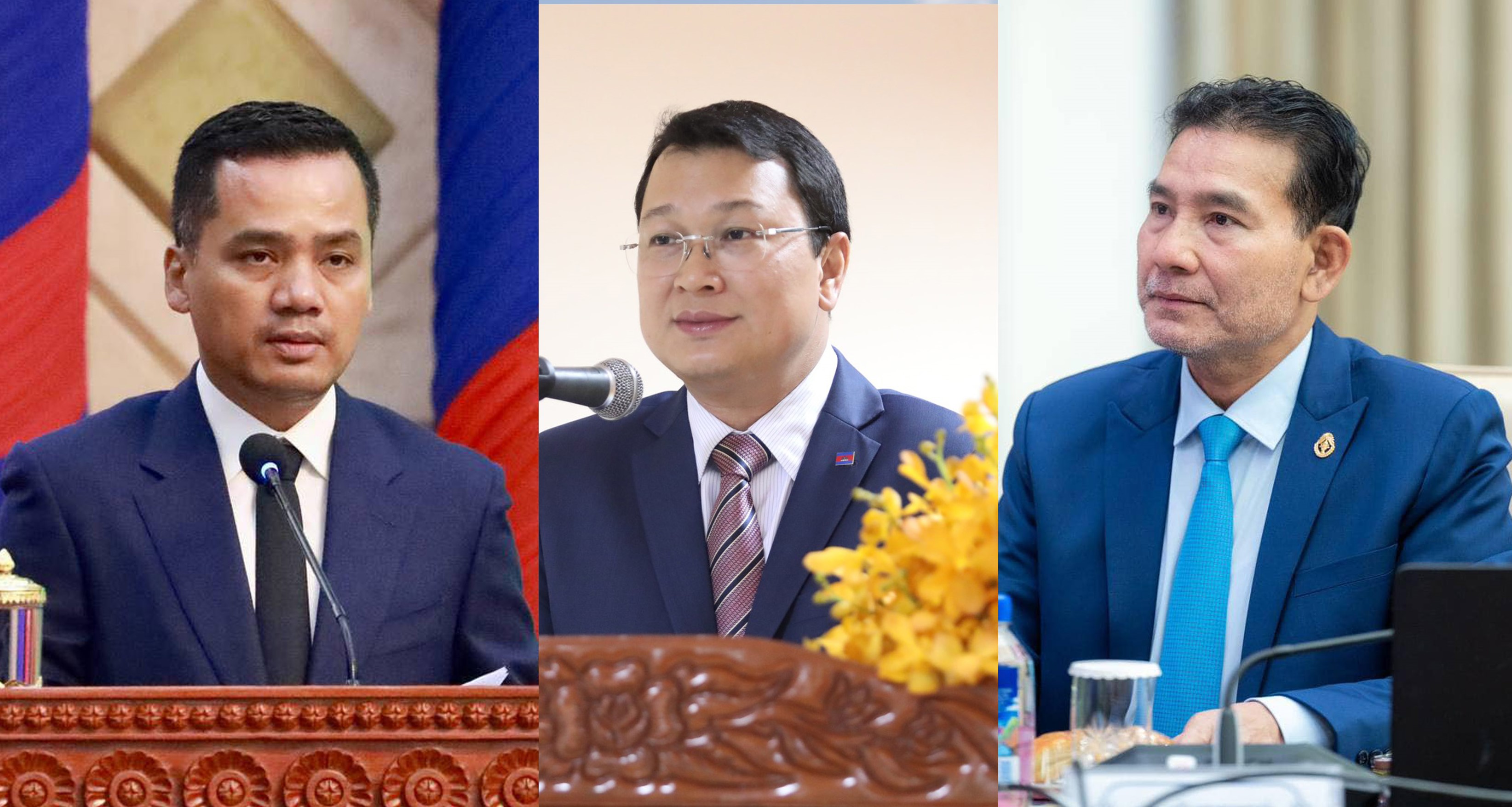 ពីឆ្វេងទៅស្តាំ៖ លោក ស សុខា រដ្ឋមន្រ្តីក្រសួងមហាផ្ទៃ, លោក ឌិន ទីណា រដ្ឋមន្រ្តីក្រសួងកសិកម្ម, លោក ម៉ៅ ហាវណ្ណាល់ រដ្ឋមន្រ្តីទទួលបន្ទុករដ្ឋលេខាធិការដ្ឋានអាកាសចរណ៍ស៊ីវិល