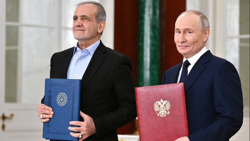 ម៉ាស៊ូត ផេហ្សេសកៀន ប្រធានាធិបតីអ៊ីរ៉ង់ និងលោក វ្ល៉ាឌីមៀ ពូទីន ប្រធានាធិបតីរុស្ស៊ី