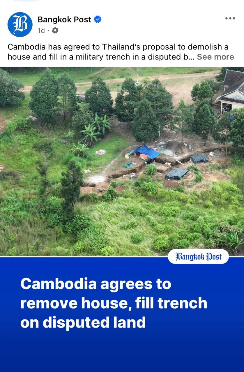 កាសែតបាងកកប៉ុស្ត៍របស់ថៃ កាលពីថ្ងៃទី២៥កញ្ញា ឆ្នាំ២០២៤ បានចុះផ្សាយព័ត៌មានមួយថា យោធភូមិភាគ៥កម្ពុជា បានយល់ព្រមតាមសំណើរបស់ថៃក្នុងការរុះរើផ្ទះមួយខ្នង&nbsp;