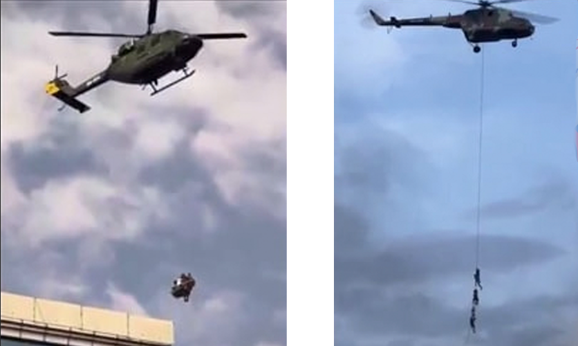 រូបខាងឆ្វេងដៃ៖ ក្រុមគ្រួសារមន្រ្តីជាន់ខ្ពស់អង្គុយលើកន្ត្រក់ដែលឧទ្ធម្ភាគចក្រទម្លាក់ចុះ។ រូបស្តាំដៃ៖ ក្រុមគ្រួសារមន្រ្តីជាន់ខ្ពស់ផ្សេងទៀត តោងខ្សែដែលឧទ្ធម្ភាគចក្រទម្លាក់ឱ្យ។